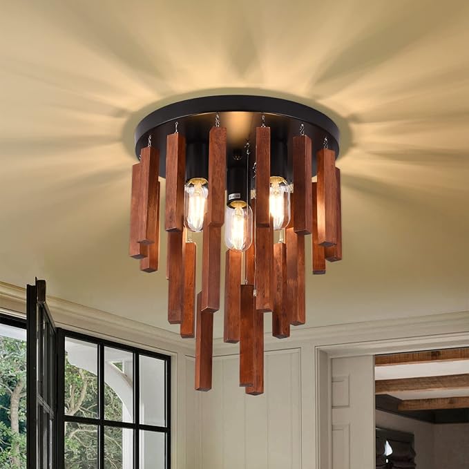 Farmhouse Flush Mount Ceiling Light Fixture, Rustic 3-Light Wood Strip Close to Ceiling Lights,Retro Vintage Red Oak and Black Kitchen Ceiling Lighting for Hallway Bedroom Entryway Living Dining Room