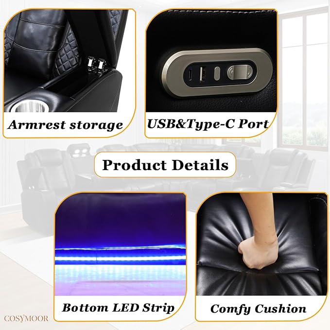 Power Reclining Sectional Sofa Set with LED Light, Leather Sectional Couches, Living Room Furniture Sets, Modern Power Recliner Sofa Sets with 3 Recliner Seater, Couches for Living Room