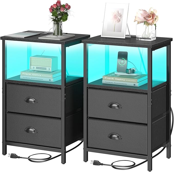 Nightstand with Charging Station, LED Night Stand Set 2, Bedside Table End Table Set of 2, Bedroom Table with 2 Fabric Drawers PU Finish, 3-Tier Storage Side Table for Bedroom,Black