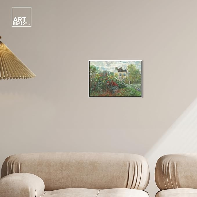Art Remedy Monet-Garden With Dahlias Impressionism Classic Landscape Paintings Canvas Wall Art, White Floater Frame, 16"x24"