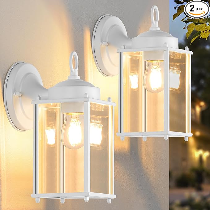 Large Outdoor Wall Lantern, Exterior Waterproof Wall Sconce Light Fixtures, White Front Door Lighting with Clear Beveled Glass, Anti-Rust E26 Socket Porch Lamp, 2 Pack