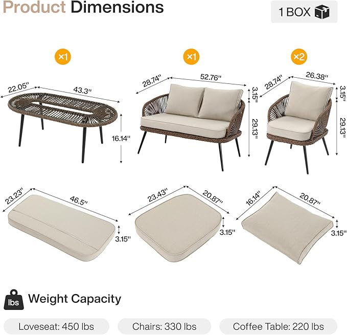 Tribesigns 4-Piece Outdoor Patio Furniture Set, Rattan Wicker Conversation Furniture Set with Removable Cushions and Glass Coffee Table for Garden, Pool, Porch, Balcony (Brown)