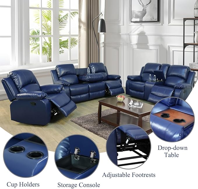 Bonded Leather Recliner Sofa Set Living Room Furniture Sets Modern Manual Reclining Sofa Set Loveseat Couch Chair Set with Cup Holders & Storage Console for Home/Office (Purple Blue,3 PCS Set)