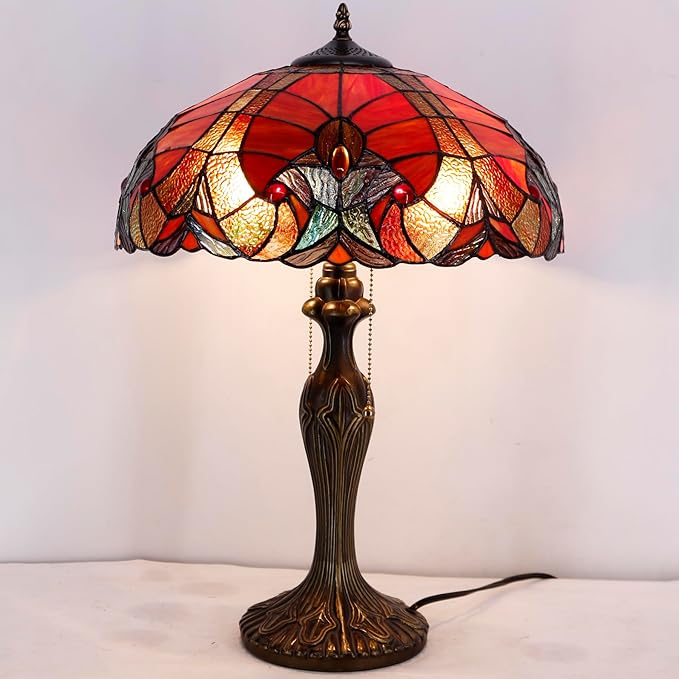 WERFACTORY Tiffany Table Lamp Red Liaison Stained Glass Style Bedside Lamp 16X16X24 Inches Antique Desk Reading Light Metal Base Decor Bedroom Living Room Home Office S160R Series
