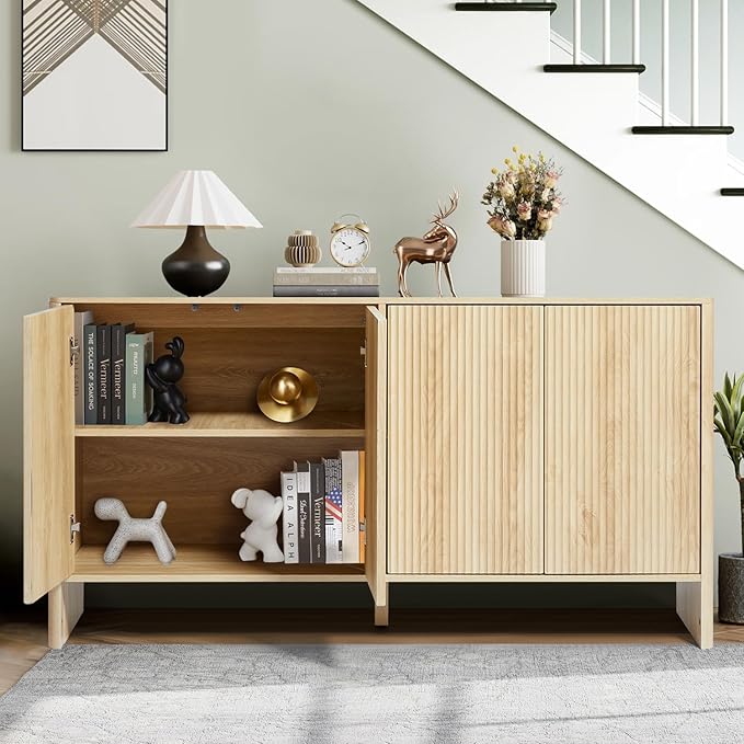 Modern Accent Buffet Cabinet with Adjustable Shelves, Storage Cabinet with 4 Doors, Modern Sideboard Buffet Cabinet, Freestanding Sideboard with Fluted Doors for Kitchen and Living Room (Black)