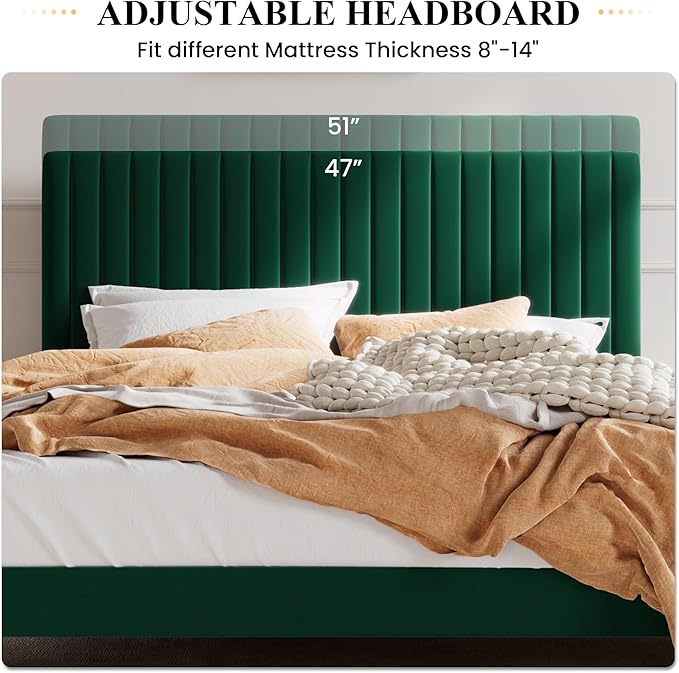 SHA CERLIN Full Upholstered Platform Bed Frame with Vertical Channel Tufted Velvet Fabric Adjustable Headboard, Wooden Slats Support, Mattress Foundation, Box Spring Optional, Green