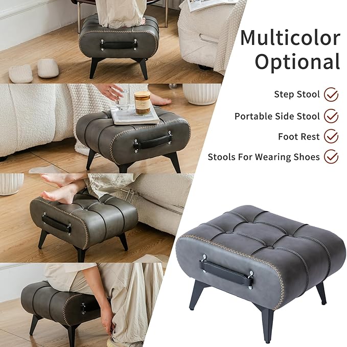 Small Footstool Ottoman - Stylish and Functional Faux Leather Footrest for Extra Seating in Living Room, Entryway, or Office