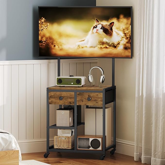 TV Stand with Mount, Corner TV Stand with Wheels, for TVs up to 50 Inches, Rolling Entertainment Center, Small TV Stands, for Living Room, Meeting Room, Bedroom, Rustic Brown DS08BR