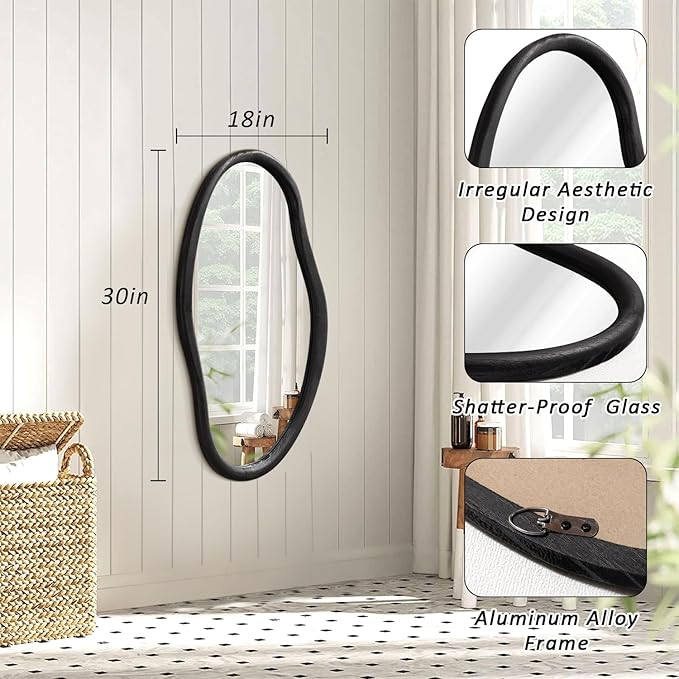 JJUUYOU Irregular Wall Mirror Black Asymmetrical Wooden Mirror 30"x18" Large Home Decorative Wall Mounted Vanity Mirrors for Bathroom Dressing Room Living Room