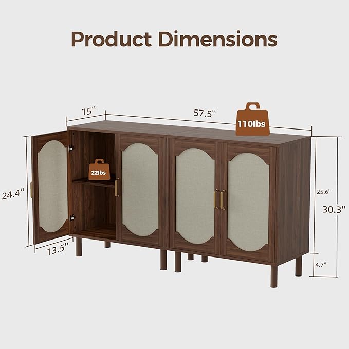 Buffet Cabinet with Storage, Imitation Fabric Arched Sideboard with Adjustable Shelves, Coffee Bar Cabinet for Kitchen, Living Room, Hallway, Entryway, Walnut, 2 PCS