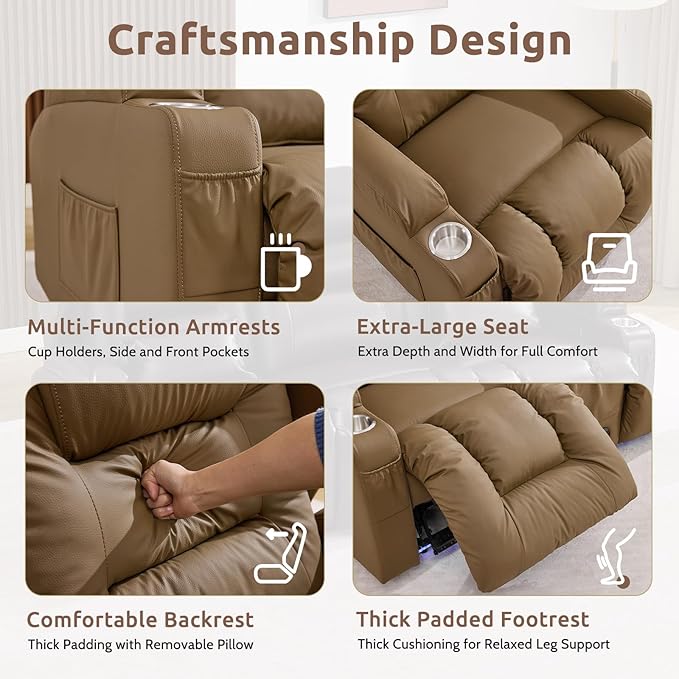 SAMERY Loveseat Recliner Sofa, Power Reclining Loveseat Sofa, Wall Hugger Recliners RV Couch with Console, Lift-Top Table, Rhythm & Ambient LED Lights, USB-C, Outlets, Faux Leather, Khaki | Extra Wide Seat, Plush Padding, Dual Power Recline, Lift-Up Ta...