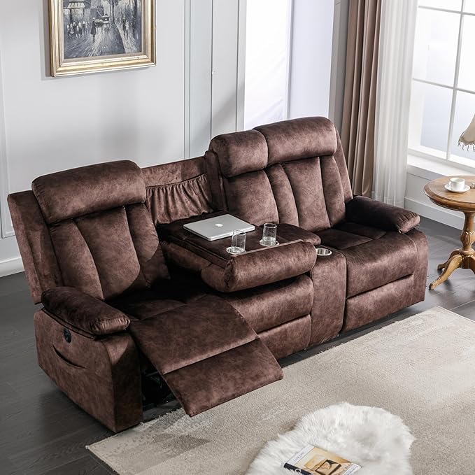GUEAPY 3 Seat Power Reclining Sofa,Massage Reclining Couch with Heat–Power Reclining Couches with USB/Type-C Ports/Cup Holders/Storage/Console for Living Room,RV,Office, Aprtment (Warm Brown)