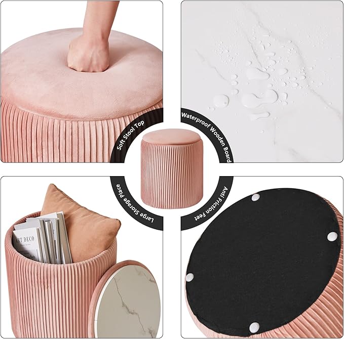 IBUYKE Round Ottoman with Storage Set of 2 Boucle Ottoman End Table for Living Room Vanity Stool Velvet Footrest Stool Bar Stool Pink UWBD005P
