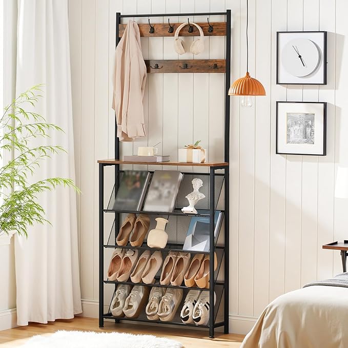 HOOBRO Hall Tree with Bench, Narrow Shoe Rack with Coat Rack, Coat Rack with Shoe Storage, 5 Tier Slanted Shoe Storage Organizer, Coat and Shoe Rack Entryway, Slim Hall Tree, Rustic Brown BF20MT01