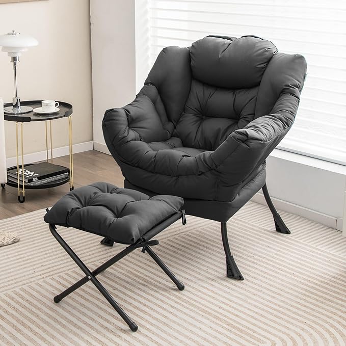 GORELAX Lazy Chair with Ottoman, Modern Accent Chair w/Armrests & Side Pocket, Upholstered Lounge Sofa Chair & Folding Footstool Set, Reading Chair for Bedroom, Living Room, Dorm Room (Grey)