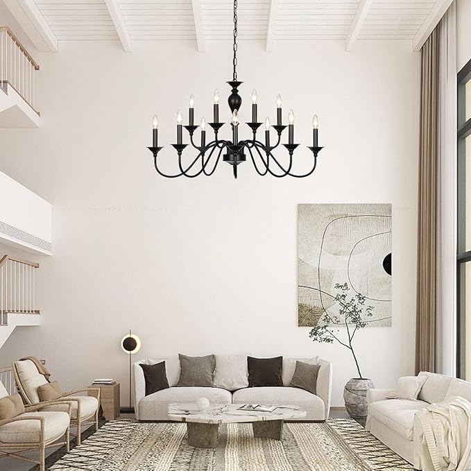 Black Farmhouse Chandeliers for Dining Room Light Fixtures Over Table, 12 Light Industrial Candle Hanging Chandeliers for Living Room Kitchen Island Foyer Staircase