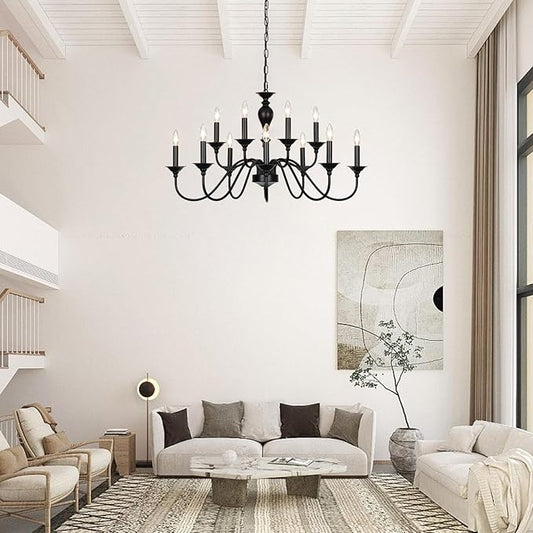 Black Farmhouse Chandeliers for Dining Room Light Fixtures Over Table, 12 Light Industrial Candle Hanging Chandeliers for Living Room Kitchen Island Foyer Staircase