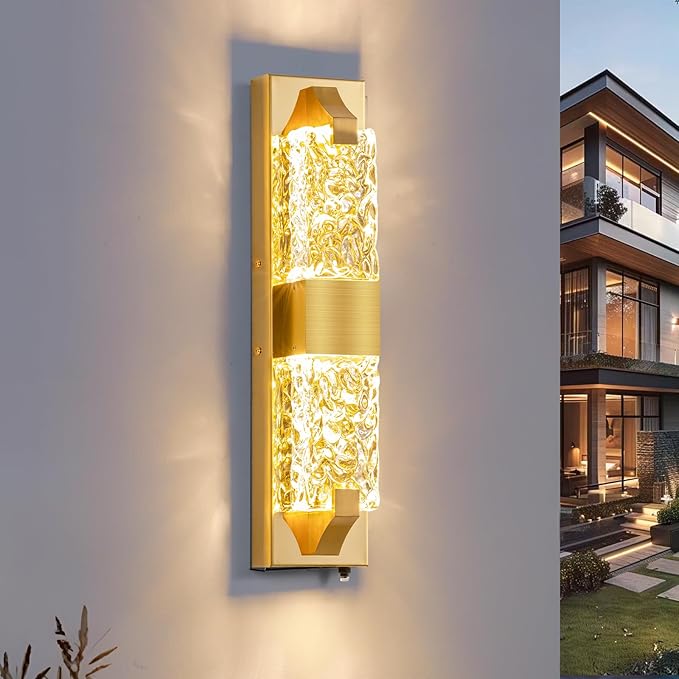 Dusk to Dawn Outdoor Lighting 18.8" Modern Ripple Crystal Porch Light, Waterproof IP65 Hardwired Wall-Mounted Exterior Light for Entryway, Patio, Doorway (Gold)