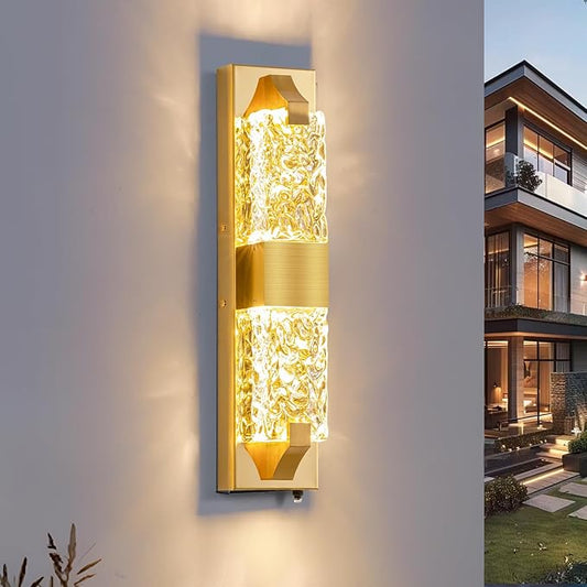 Dusk to Dawn Outdoor Lighting 18.8" Modern Ripple Crystal Porch Light, Waterproof IP65 Hardwired Wall-Mounted Exterior Light for Entryway, Patio, Doorway (Gold)