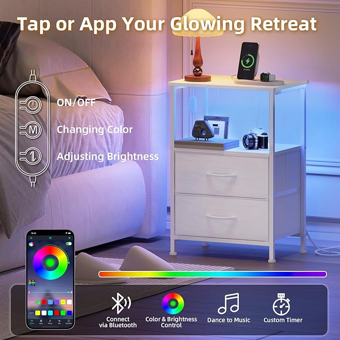 Somdot Nightstands Set of 2,End Tables with Charging Station and LED Lights,Night Stand with 2 Fabric Drawers, End Table with Open Shelf, Small Nightstand for Bedroom, White Leather