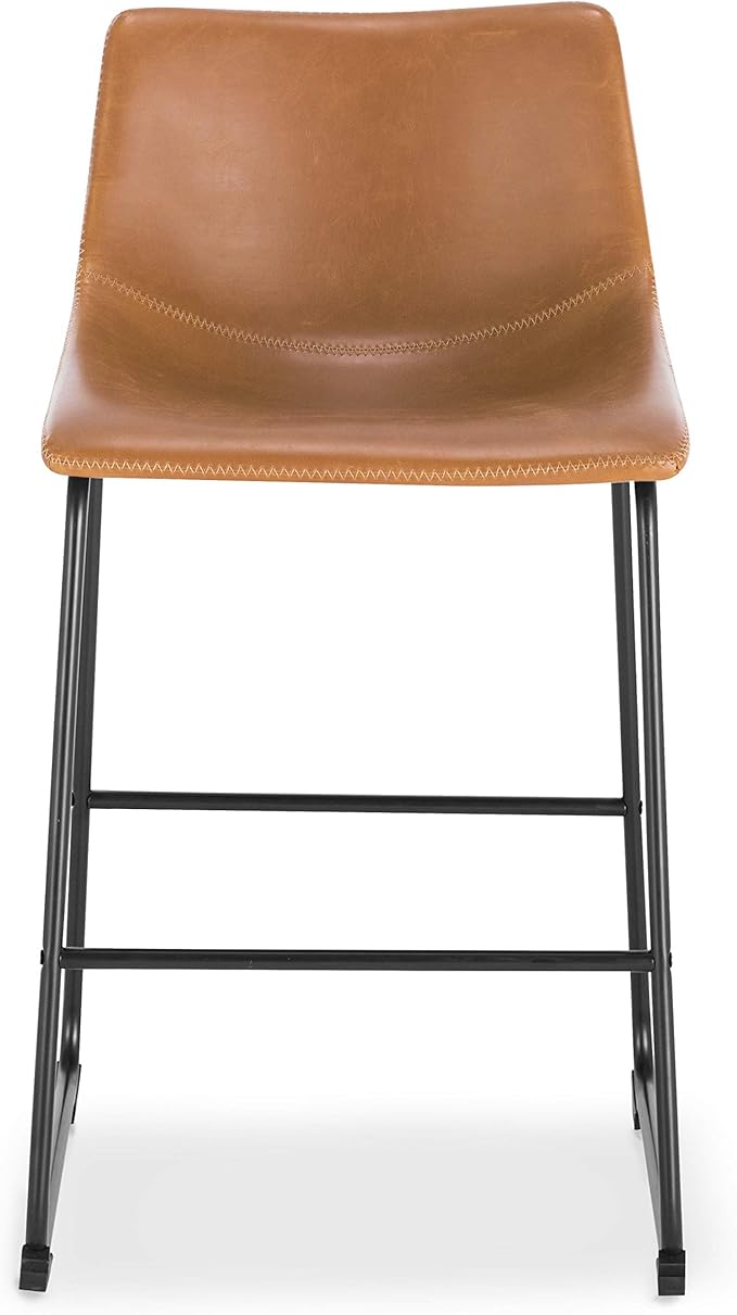 POLY & BARK Brinley Counter Stool Set of 3, Modern Armless Counter-Height Stools with Gently Curved Backrest and Wood Legs, Tan Faux Leather, for Kitchen Island or Breakfast Bar, 24" seat height