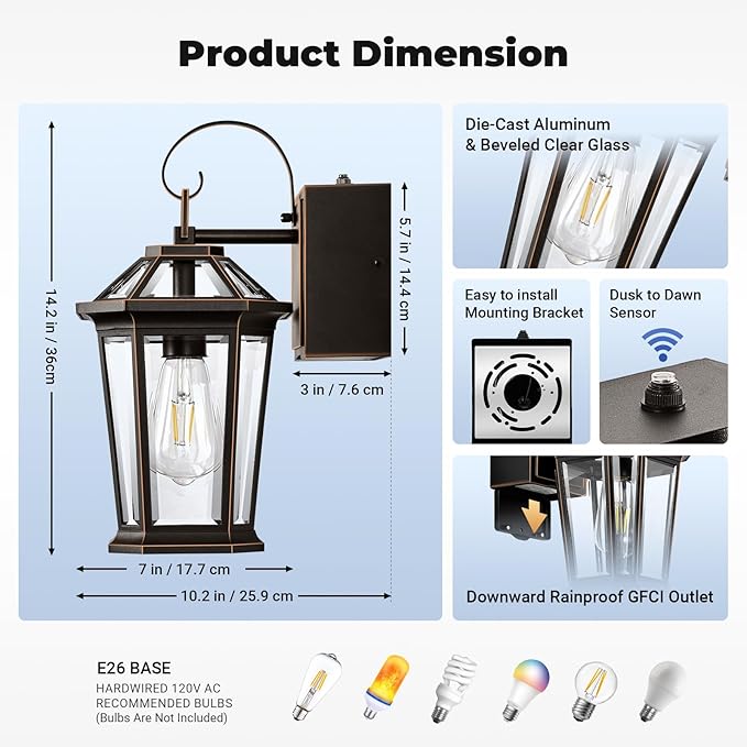 Gleamz Porch Lights Outdoor with GFCI Outlet, ORB Dusk to Dawn Outdoor Lighting with Gold Trim, Exterior Light Fixtures for House, Garden, Patio, E26 Base, 100% Aluminum Waterproof and Anti-Rust