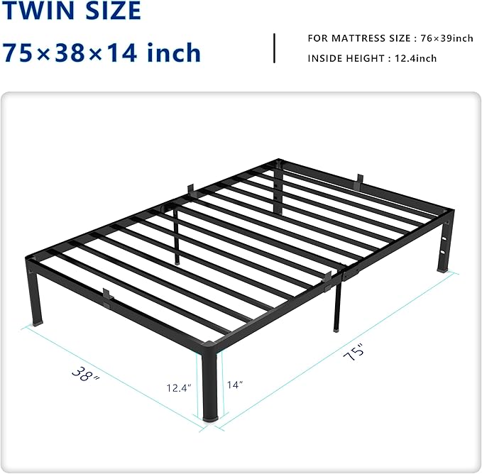 14 Inch Twin Metal Platform Bed Frame with Round Corner and Mattress Retainers, 3000lbs Heavy Duty Steel Slats Support, No Box Spring Needed, Easy Assembly, Noise Free