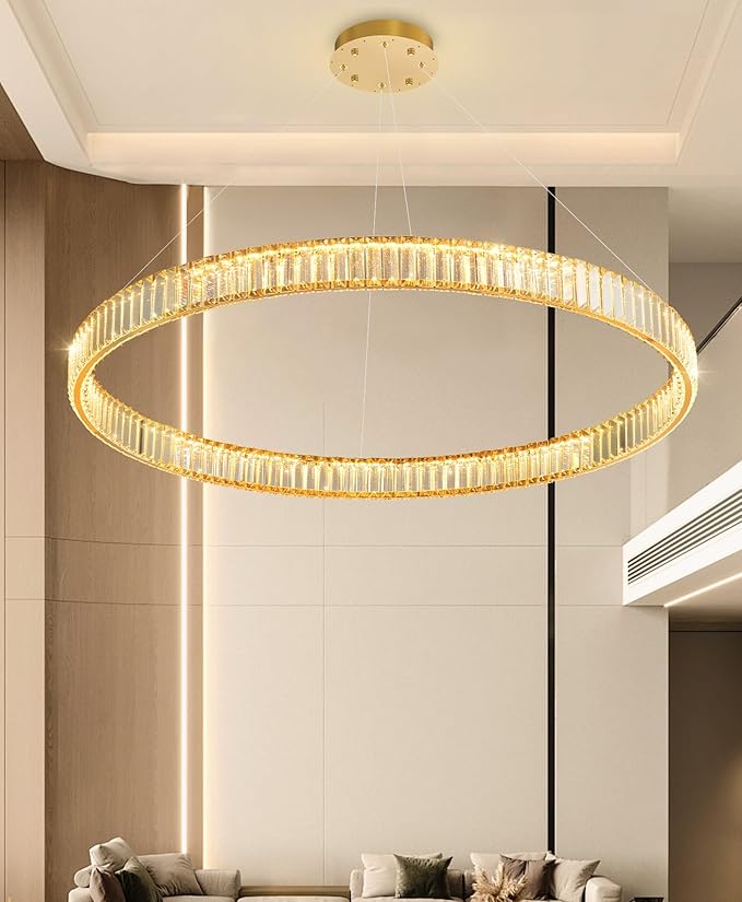 40'' Modern Ring Chandelier Crystal Chandeliers for Dining Room Round LED Dimmable Ceiling Light Fixture for Living Room Bedroom Lighting Gold