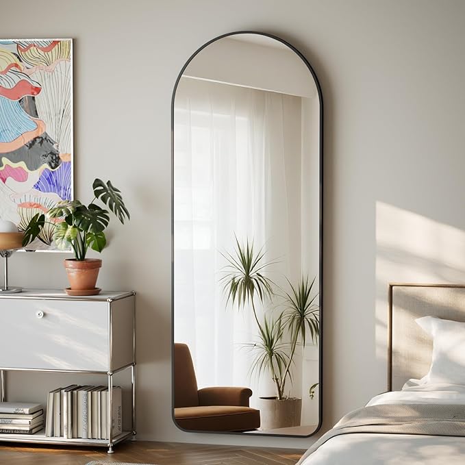 HARRITPURE Arched Full Length Mirror - 64"x21" Large Floor Standing Mirror, Aluminum Frame Full Body Mirrors with Stand for Bedroom/Living Room Wall Mounted, Black