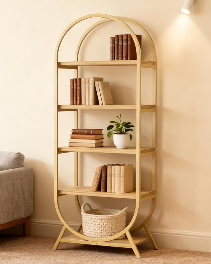 Arched Bookshelf,5-Tier Tall Wide Open Bookshelf,Modern Brown Storage Bookshelves, Freestanding Display Rack Shelving Unit for Office, Bedroom, Living Room, Easy Assembly, Brown