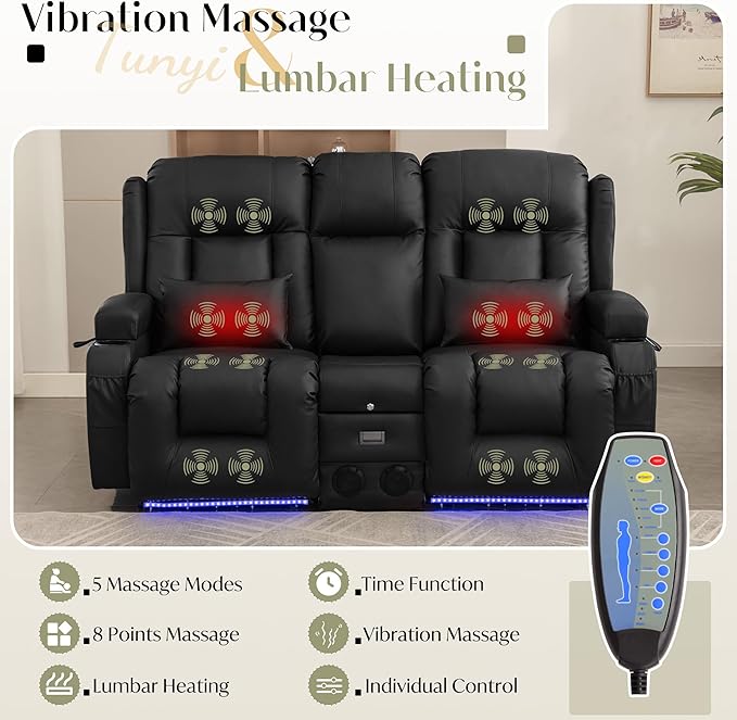 TUNYI Power Loveseat Recliner Sofa, Faux Leather Reclining Sofa with Console RV Reclining Loveseat Couch with USB/Outlet/Storage/Side Pocket/LED Light/Speaker (Black, Loveseat)