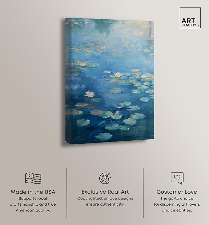Art Remedy Lilypads In Blues Gallery Wrapped Impressionism 1 Piece Canvas Wall Art/Monet And Van Gogh Inspired Art, 24" x 36", Gallery Wrapped