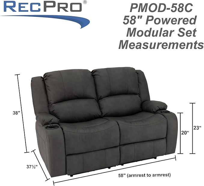 RecPro Charles 58" Powered Double RV Wall Hugger Recliner Sofa RV Loveseat with Upgraded 2023 Fabric (Gunmetal)