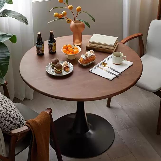 31.2" Round Tulip Dining Table for 2-4 People with Walnut Top and Black Metal Pedestal Base, Mid-Century Modern Small Space Table for Kitchen, Living Room, Cafe