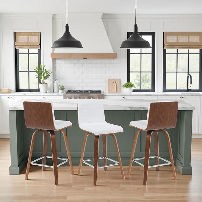 Armen Living Vienna Modern Swivel 26" Counter Height Barstool with White Faux Leather and Walnut Wood Finish