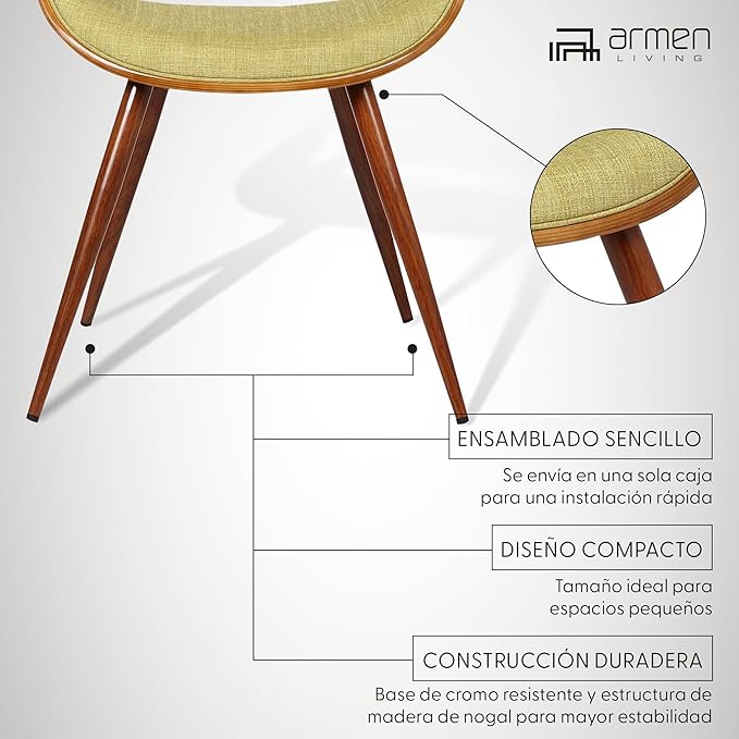 Armen Living Butterfly Mid-Century Dining Chair in Walnut Finish and Green Fabric - Set of 6