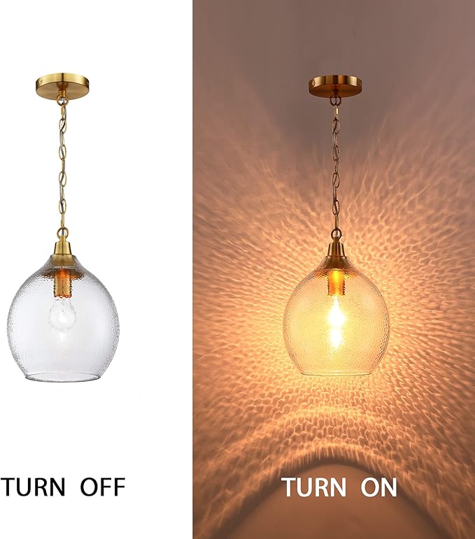 Untrammelife Glass Gold Pendant Light 1-Light 9" Globe Ceiling Lighting Modern Hanging Light Fixture with Hammered Glass Gold Chandelier Adjustable Chain Brushed Brass Finished