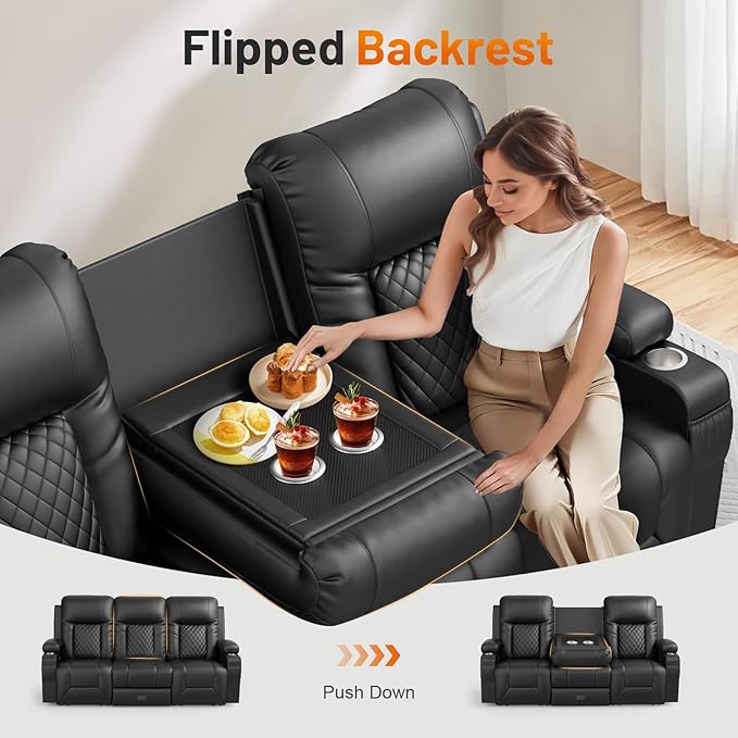 FURNIMAT Loveseat Recliner Sofa, 3 Seater Dual Reclining Sofa with Flip Back Console, Modern PU Leather Reclining Couch for Living Room/RV, with Storage, USB Port, Cup Holder, Cell Phone Holder, Black