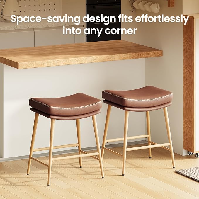 Bar Stools Set of 2, Counter Height Bar Stools with Thick PU Leather Saddle Seat & Sturdy Metal Frame Legs,Backless Bar Stools for Kitchen Island Dining Cafe,Brown