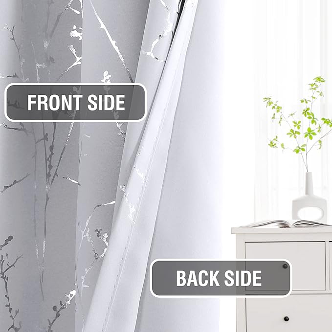 H.VERSAILTEX Blackout Curtains for Bedroom Foil Print Twig Tree Branch Thermal Insulated Grommet Curtains Light Blocking Thick Soft Window Curtains for Living 52 x 96 Inch, 2 Panels, Greyish White