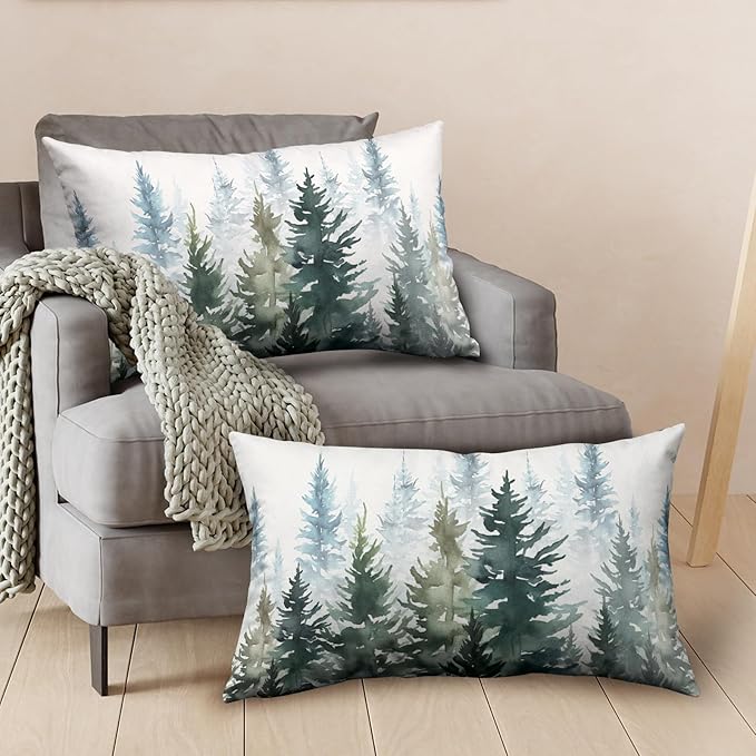 Watercolor Dark Green Christmas Tree Lumbar Pillow Covers 12x20 Set of 2 Winter Rustic Nature Forest Throw Pillow Covers Xmas Pine Trees Linen Pillow Cases for Farmhouse Living Room Decor