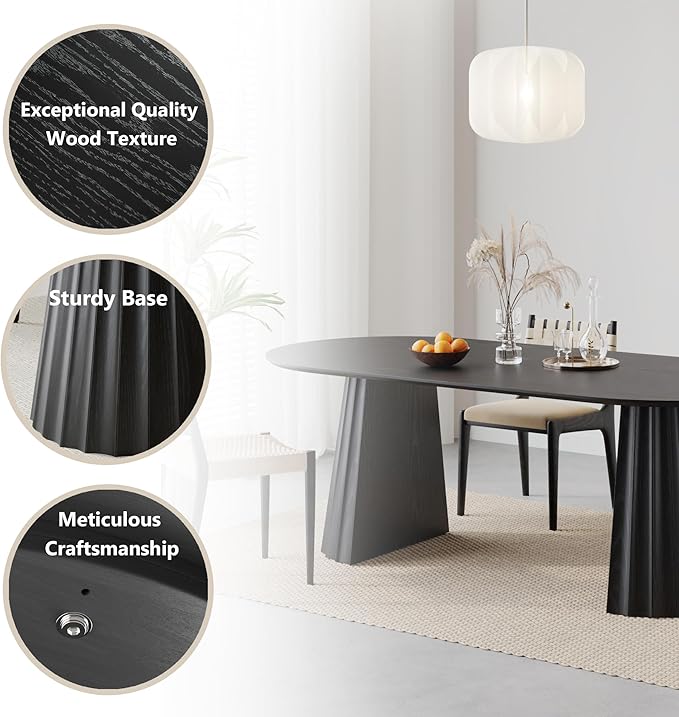 Casaphoria 79" Oval Dining Table, Modern Wood Kitchen Table with Cone Shaped Strip Concave Base for Living Room & Dining Room, Easy Assembly Farmhouse Furniture for 6-8, Black