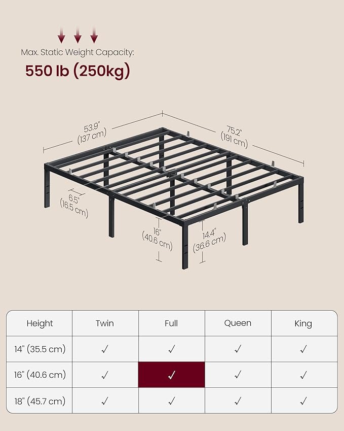 VASAGLE Full Metal Bed Frame 16 Inches Tall, 1100 lb Weight Capacity, No Box Spring Needed, with Under-Bed Storage, Easy Setup, Heavy-Duty Platform Bed, Mattress Retainers, Matte Black URMB662BD02S