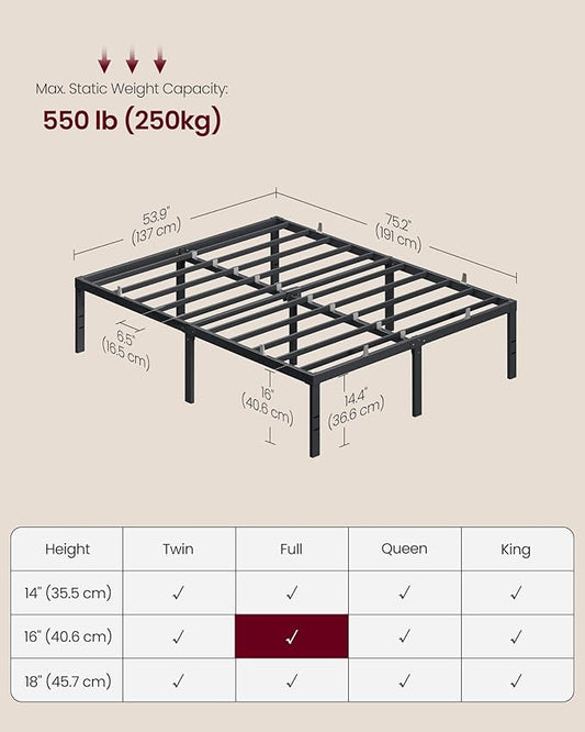 VASAGLE Full Metal Bed Frame 16 Inches Tall, 1100 lb Weight Capacity, No Box Spring Needed, with Under-Bed Storage, Easy Setup, Heavy-Duty Platform Bed, Mattress Retainers, Matte Black URMB662BD02S
