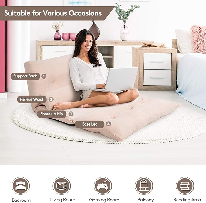 Giantex Adjustable Floor Sofa Couch with 2 Pillows, Multi-Functional 6-Position Foldable Lazy Sofa Sleeper Bed, Multi-Functional Suede Floor Seating for Reading Gaming (Beige)