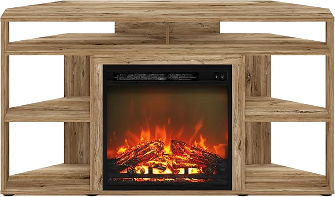 Furinno Jensen Fireplace TV Stand, Corner Entertainment Center, TV Console for TV up to 55 Inch with Fireplace, for Living Room, Bedroom, Flagstaff Oak