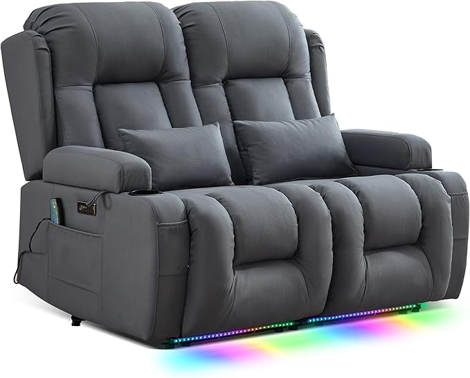 TUNYI Wall Hugger Loveseat Recliner Sofa with Console, Power Reclining Loveseat RV Couch with Massage & Heat/USB/Outlet/Storage/LED Light/Speaker (Blue, Loveseat)