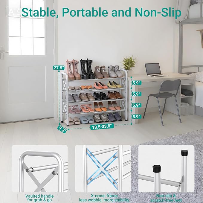 4-Tier Expandable Shoe Rack for Closet Floor, X-Frame Metal Small Shoe Rack for Entryway, Adjustable Shoe Shelf Organizer, Free Standing Shoe Racks for Front Door Entrance, Garage - White