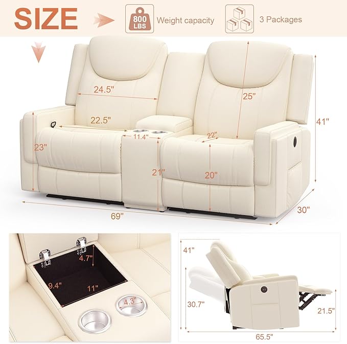 Dresegmt Loveseat Recliner Sofa, Beige PU Leather Double Recliner Loveseat with Console, Cup Holders, Storage & USB Ports, Ergonomics，Manual Reclining Sofa Couch for Living Room, RV
