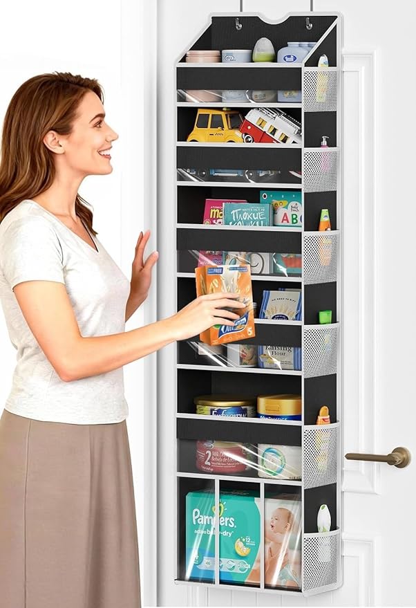 Over The Door Organizer Hanging - 6 Shelf Over Door Organizer with 6 Clear Front & 12 Side Pockets - 50LB Load Behind Storage for Closet Bedroom Bathroom Nursery Baby Essentials(Black)